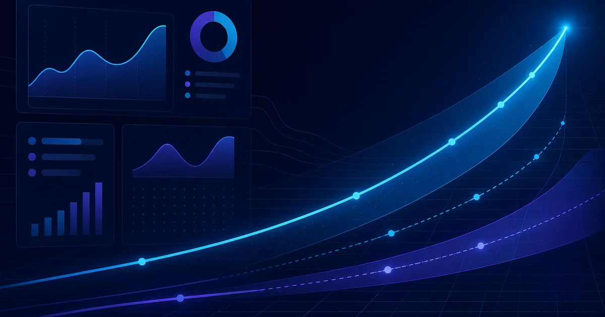 Abstract illustration of forecasting horizons and dashboard concepts in brand colours.